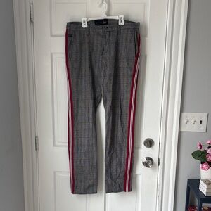 Gray Checkered Pants with Red Accents